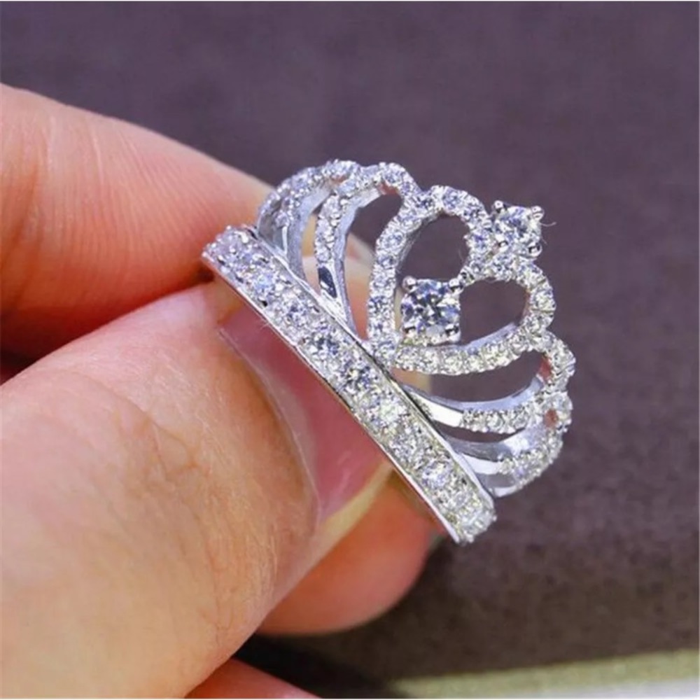 White Sapphire & Crown Birthstone Silver Ring - Picture 1 of 5